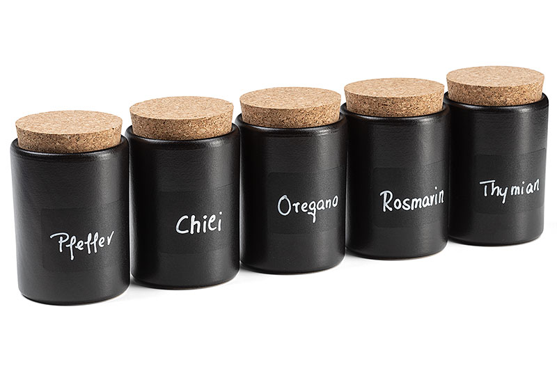 Gewürzdosen schwarz 5-teilig Gewürzdosen 5-teilig Keramik schwarz mit Korkdeckel und Aufkleber zum Beschriften