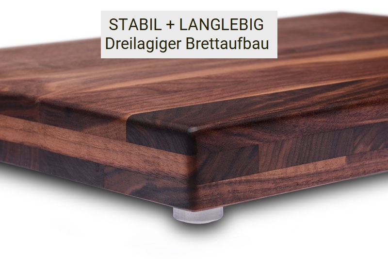 Massivholzschneidbrett Nussbaum dreilaig mit Edelstahlschild und Edelstahlfuß