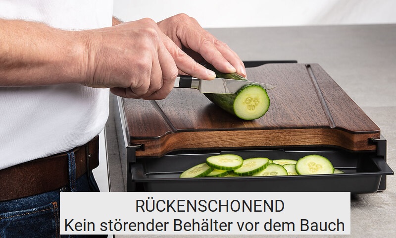 Schneidebrett mit Auffangschalen in Nussbaum für rückenschonedes Arbeiten