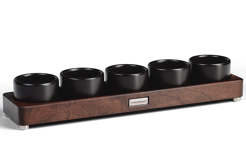 Gewürzregal in Nussbaum mit 5 Serviertöpfchen in schwarzer Keramik