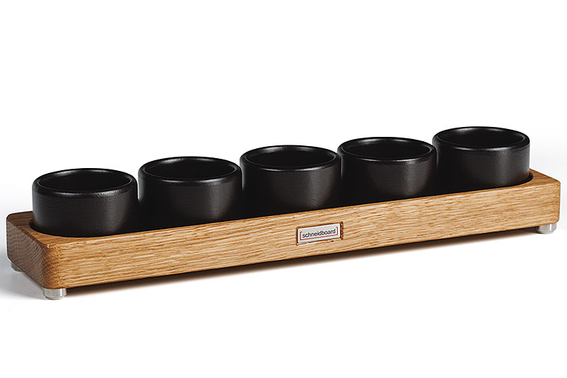 Gewürzregal Eiche mit 5 Serviertöpfchen in schwarzer Keramik