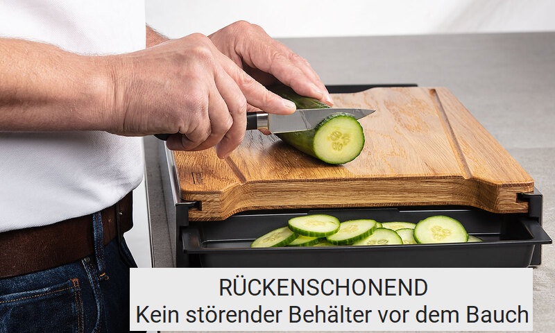 Schneidebrett mit Auffangschalen in Eiche für rückenschonendes Arbeiten