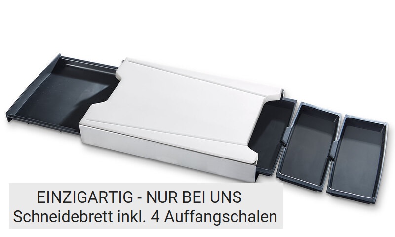 Schneidebrett mit Auffangschalen in Kunststoff mit geöffneten Schalen