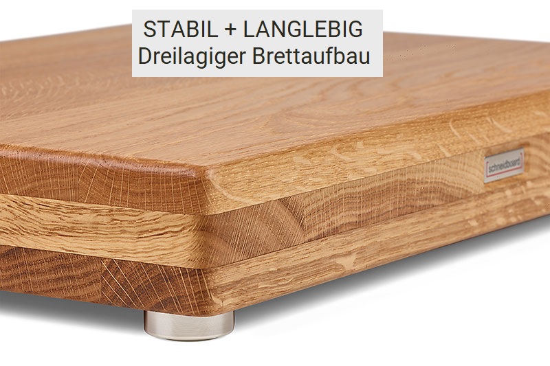 Massivholzschneidebrett Eiche dreilagig mit Saftrille und Edelstahlfuß