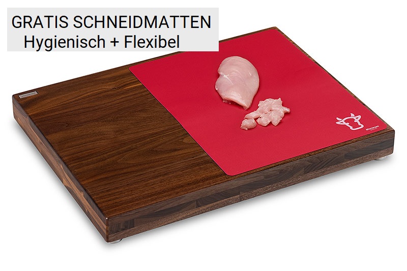 Massivholzschneidebrett Nussbaum mit roter Schneidauflage und Hühnchen