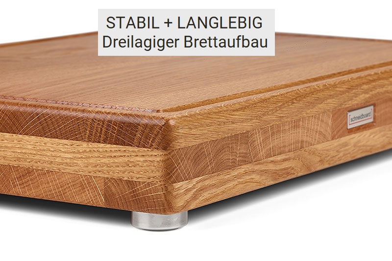 Massivholzschneidebrett Eiche dreilagig mit Saftrille und Edelstahlfuß