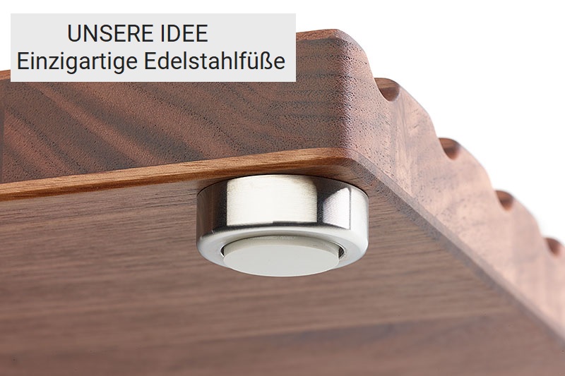 Gummierter Edelstahlfuß unter Brotschneidebrett Nussbaum