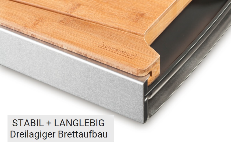 Schneidebrett mit Auffangschale in Bambus Detail Edelstahlkasten und Schublade