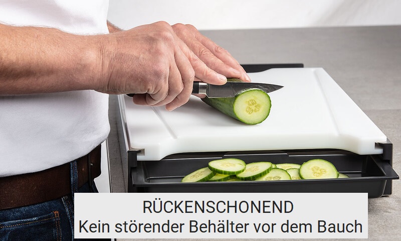 Schneidebrett mit Auffangschale in Kunststoff für rückenschonendes Arbeiten