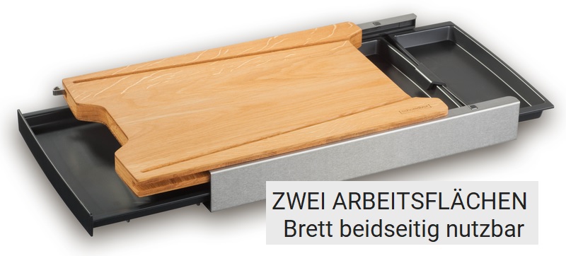 Schneidebrett mit Auffangschale in Eiche mit geöffneten Schublade