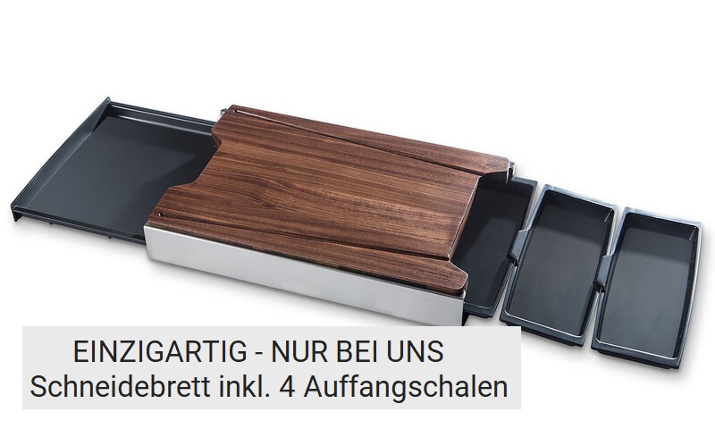 Schneidebrett mit Auffangschalen in Nussbaum mit geöffneten Schubladen