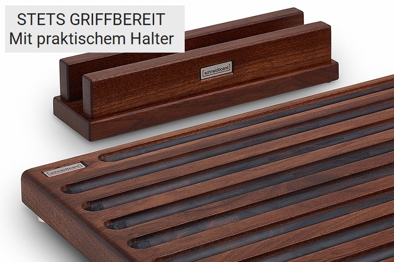 Brotschneidebrett Nussbaum mit Krümmelrillen und passendem Halter