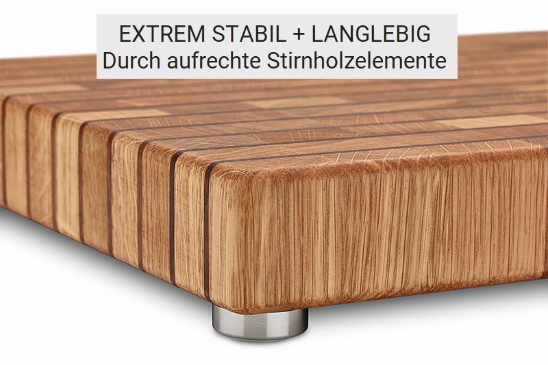 Hackbrett Stirnholz Eiche mit dunkelen Lisenen und montiertem Edelstahlfuß