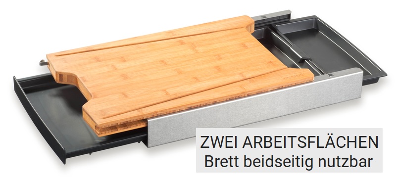 Schneidebrett mit Auffangschalen in Bambus halb geöffnet