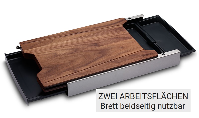 Schneidebrett mit Auffangschalen in Nussbaum halb geöffnet