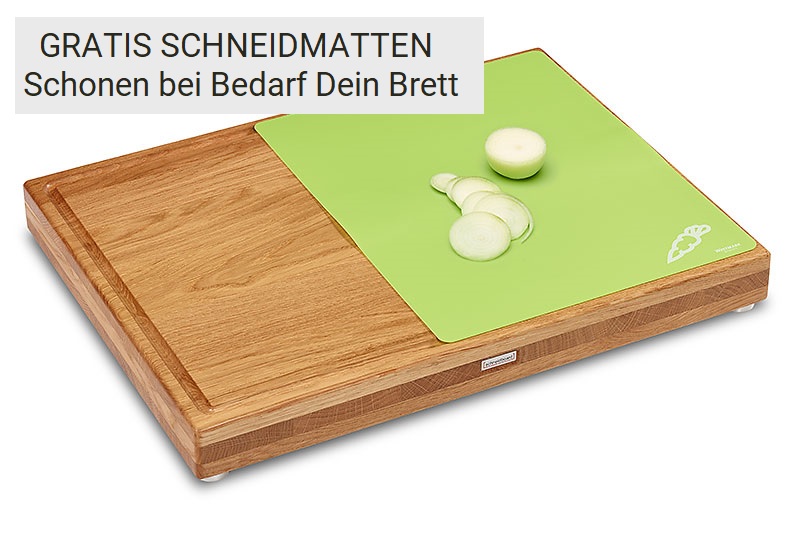 Massivholzschneidebrett Eiche mit Saftrille und grüner Schneidauflage mit Zwiebeln