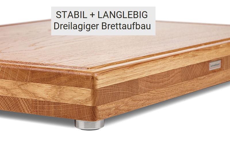 Massivholzschneidebrett Eiche mit Saftrille, Edelstahlschild und Edelstahlfuß