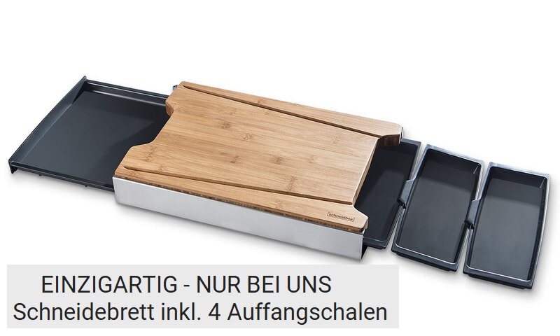 Schneidebrett mit Auffangschale in Bambus mit geöffeneten Schubladen
