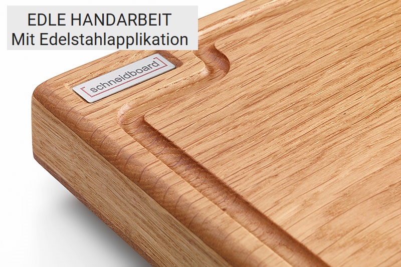 Schneidebrett Eiche mit Saftrille und Edelstahlschild