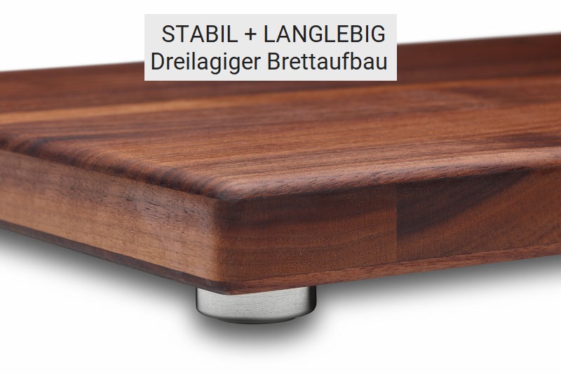 Schneidebrett Nussbaum dreilagig mit montiertem Edelstahlfuß