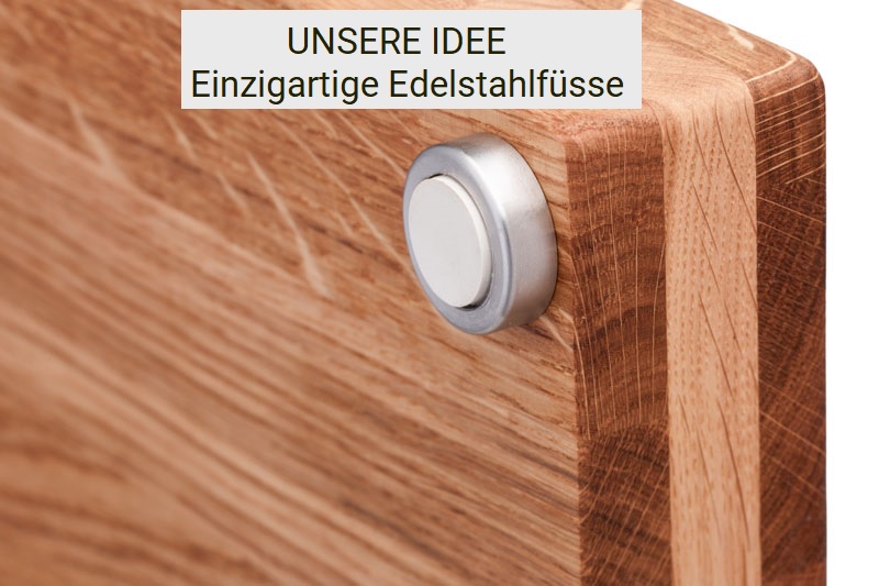 Massivholzschneidebrett Eiche dreiagig mit montiertem gummierten Edelstahlfuß
