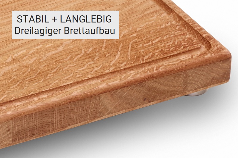 Detail dreilagiges Holz Schneidebrett Eiche mit Saftrille