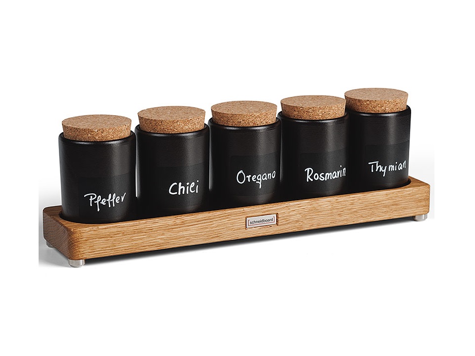 Gewürzregal Eiche mit 5 schwarzen Keramikdosen, Korkdecklen und Aufkleber zum Beschriften