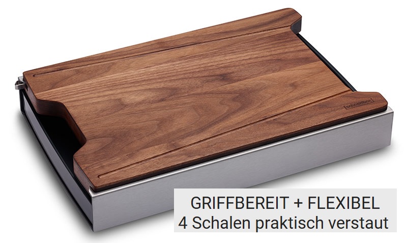 Schneidebrett mit Auffangschale in Nussbaum geschlossen